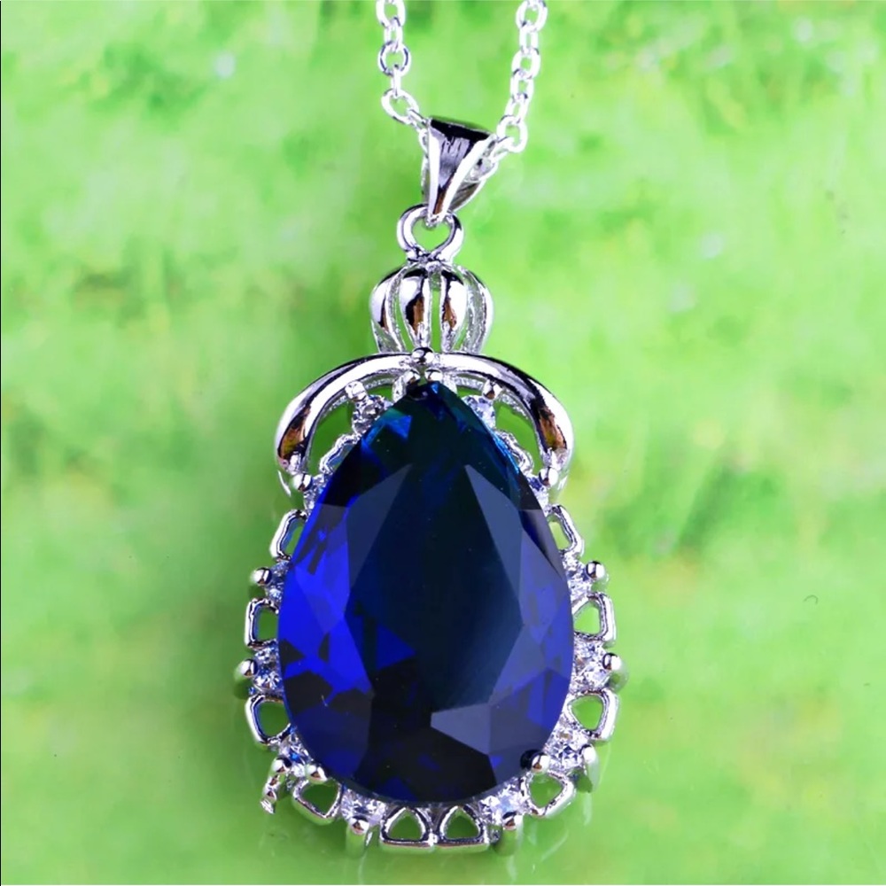 Sapphire Quartz Waterdrop & White Topaz Pendant - Picture 1 of 8